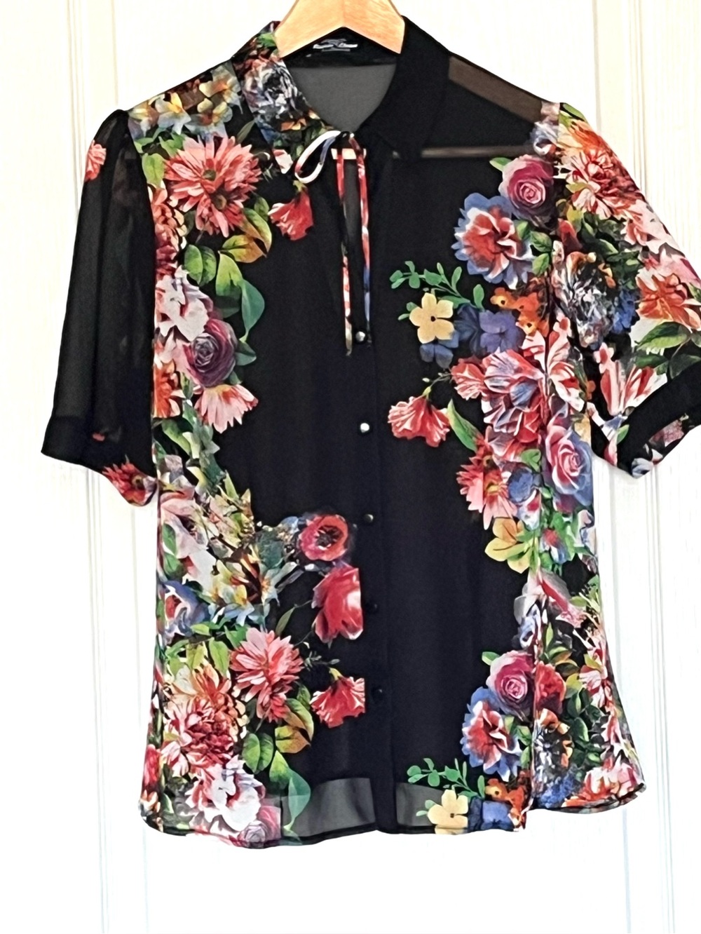 Sana Linea Ellegance Sheer Floral Tie Neck Blouse XL Black Mesh Puff Sleeve Top